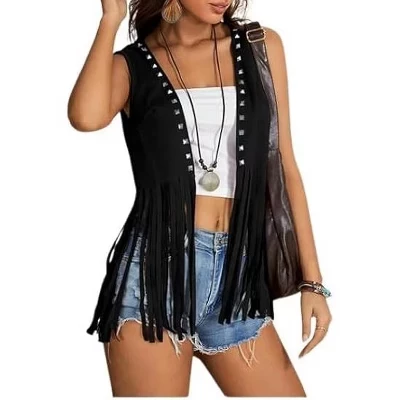 Женская жилетка Yesfashion с бахромой и заклепками, черная