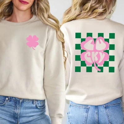 Женская толстовка с рисунком Lucky Clover в клетку спереди и сзади от пыли