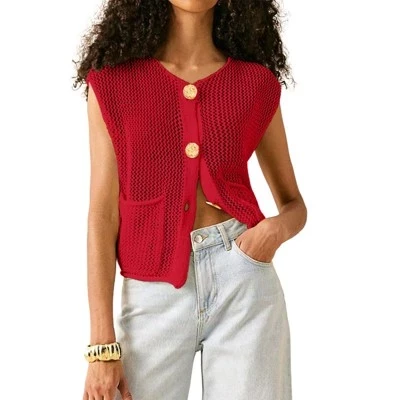 Womens Chunky Crochet Knit Top Sleeveless Button Down Cropped Tops Trendy Cardigan Sweater Vest red