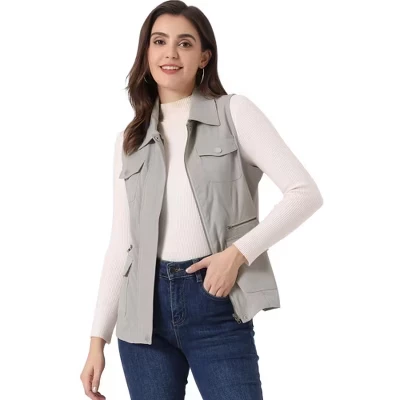 Women's Zip-Up Sleeveless Turn Down Collar Cargo Utility Vest with Pockets
