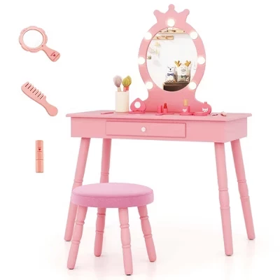 Детский туалетный столик Costway Princess с подсветкой, розовый