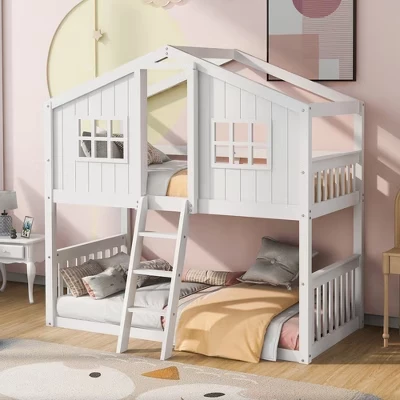 Домашняя кровать Двухъярусные кровати Twin over Twin Size Двухъярусные кровати с лестницей Деревянные низкие двухъярусные кровати с крышей и ограждением для детей белого цвета
