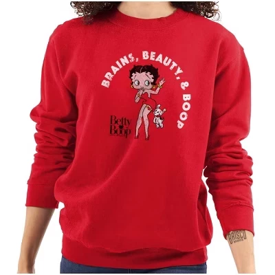 Женская толстовка с круглым вырезом из мультфильма Betty Boop Brains Beauty лицензионного красного цвета