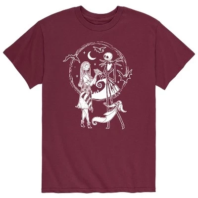 Мужская футболка Jack Skellington Sally and Zero с коротким рукавом и графическим рисунком темно-бордового цвета