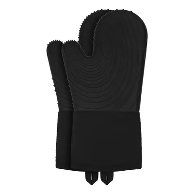 Soft Silicone and Cotton Oven Mitts Heat-Resistant Cooking Gloves Gripping for Baking, Kitchen Mitts Set of 2 black
