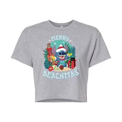 Женская укороченная футболка с рисунком Merry Beachmas Christmas, серая