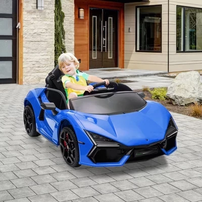 Детская поездка на автомобиле 12 В, Лицензионный Lamborghini Revuelto с дистанционным управлением, Игрушечный спортивный автомобиль на батарейках с двумя двигателями мощностью 25 Вт синего цвета