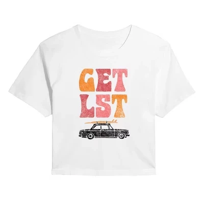 Женская укороченная футболка с рисунком Get Lst белого цвета