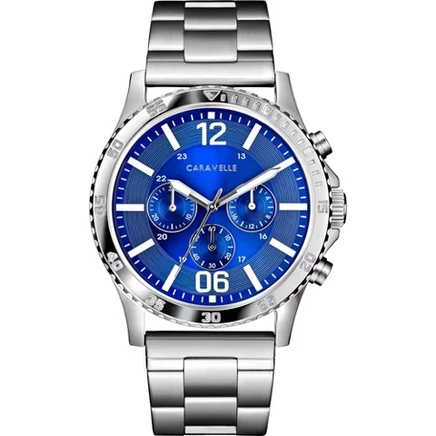 Мужские кварцевые часы Caravelle designed by Bulova с хронографом на 6 стрелок из нержавеющей стали, синий циферблат 44 мм