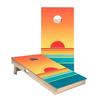 Доски для игры в ретро-полоску Sunset Cornhole Boards | Включает в себя (2) доски, дополнительные сумки и аксессуары, а также чехол для переноски