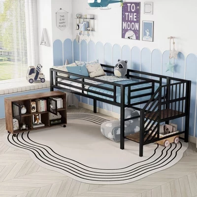 Twin Size Metal Bookcase Loft Bed with Stairs & Storage Cubby,Contemporary Bed Frame for Bedroom,Kids Room black