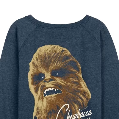 Women's -  - Chewy Face Lightweight French Terry Wide Neck Long Sleeve Graphic Shirt heather indigo