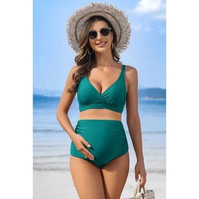 Women's High Waisted Maternity Swimsuit Bikini Set V Neck Pregnancy Bathing Suits Push Up Two Piece Swimwear green