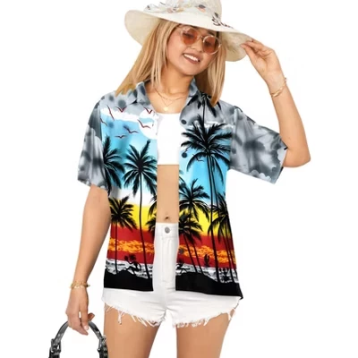 Гавайские рубашки женские s Funky Vacation Button Up Повседневная летняя пляжная блузка для вечеринок, топы, рубашки с коротким рукавом, маскировка для женщин