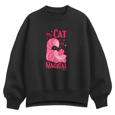 Женская толстовка - Alice In Wonderland - My Cat Is Magical Oversize из флиса черного цвета.