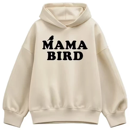 Женская толстовка с капюшоном из флиса оверсайз Mama Bird кремового цвета.