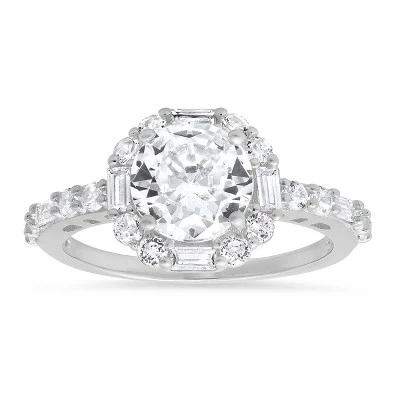Серебряное круглое кольцо с фианитами Halo CZ из стерлингового серебра и багетной огранки
