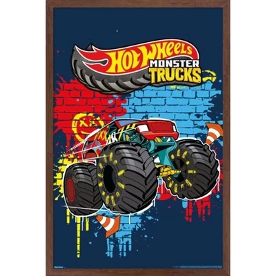 Настенный плакат Mattel Hot Wheels - Monster Trucks Smash в рамке из красного дерева