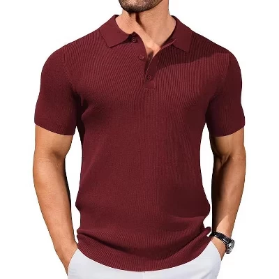 Мужские трикотажные рубашки поло Slim Fit, деловой легкий свитер поло, повседневная летняя футболка с ребристым текстурированным воротником красного цвета
