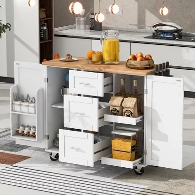 Mobile Kitchen Island with Slide-Out Shelves, Storage Rack, Wood Top & Drawers, Rolling Cart with Spice and Towel Rack white