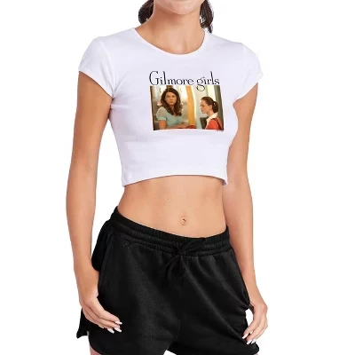 Women's  Lorelai and Rory Cap Sleeve Baby Rib Crop Top white