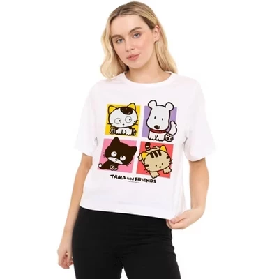 Женская укороченная футболка Tama And Friends Cat And Dog Four Box, белая