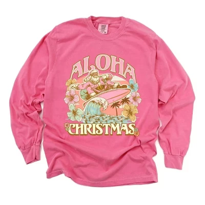 Aloha Christmas Surfing Santa - Женская одежда, окрашенная футболка с длинным рукавом и рисунком crunchberry