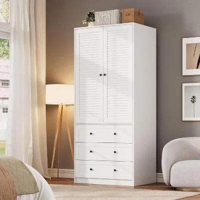 Шкаф-купе Armoire, Деревянный шкаф-купе 69,5 дюймов с 3 выдвижными ящиками, подвесной штангой, 2-дверный шкаф для хранения одежды в спальне, Вместительный белый