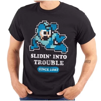 Футболка с графическим рисунком из мультфильма Mega Man Slidin Into Trouble для мужчин или женщин лицензионного черного цвета