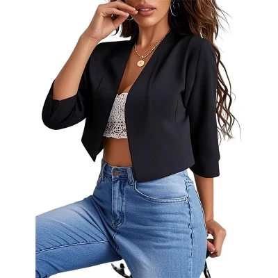Women's 3/4 Sleeve Shrugs for Dress Lightweight Open Front Cropped Cardigan Dressy Casual Loose Fit Shirt Jacket black