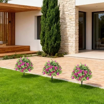 2шт 2-футовый искусственный самшитовый топиарий-Шаровые деревья с фиолетовыми цветами бугенвиллеи, устойчивые к ультрафиолетовому излучению Искусственные кустарники с наземными шипами, искусственные растения для сада фиолетового цвета