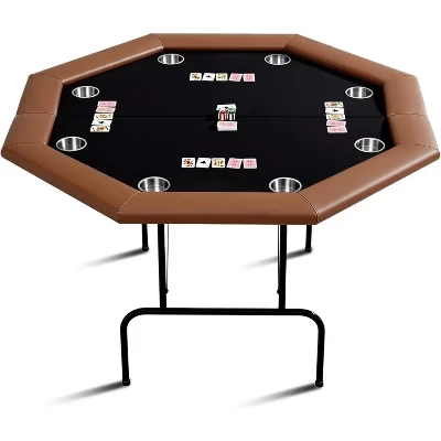 Складной покерный стол Octagon на 8 игроков со складными ножками и подстаканниками из нержавеющей стали, Игровой стол в стиле казино, для домашних посиделок, Металлический кубок коричневого цвета