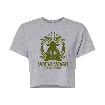 Женская укороченная футболка с рисунком Yoda Yoga heather grey