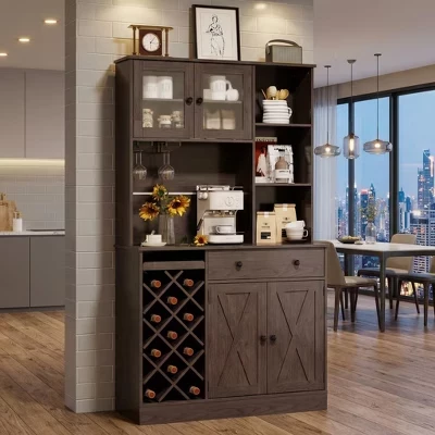 Kitchen Hutch Cabinet with Storage, White & Light Walnut Top, Acrylic Double Doors, Pantry Organizer for Dining Room & Kitchen Storage brown