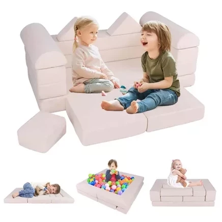 Kids Modular Play Couch Play Set with Suede Fabric Cover High-Density Foam Beige/Gray/Pink beige