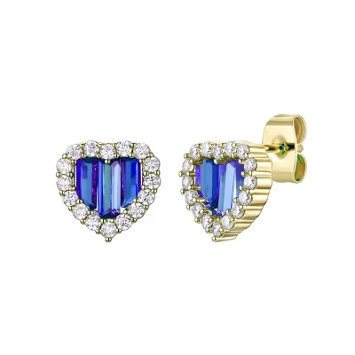 Radiant Baguette Heart Halo Earrings in 14k Gold Plating with Cubic Zirconia—Timeless Studs for Everyday Glam in Green, Purple, or Blue. blue