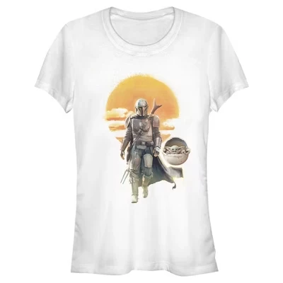 Женская футболка для юниоров The Mandalorian The Child и Mando Walking Sunset белого цвета