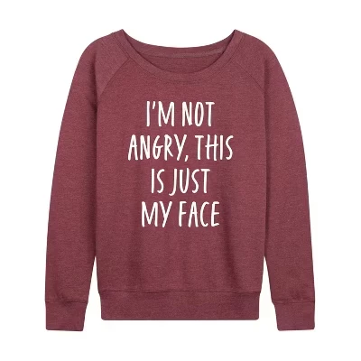 Женская рубашка Not Angry Just My Face из легкой махровой ткани с широким вырезом и длинными рукавами с графическим рисунком цвета хизер бордовый