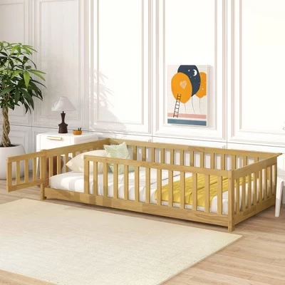 Bellemave Twin Floor Bed with Fence & Door, Low Profile Montessori Kids Bed Frame, Solid Rubber Wood, Safety Guardrails, Easy Assembly natural