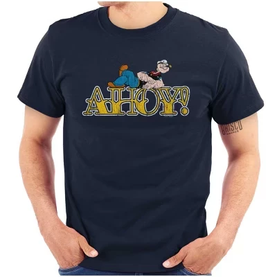 Футболка с традиционным графическим шрифтом татуировки Popeye Ahoy для мужчин или женщин лицензионного синего цвета