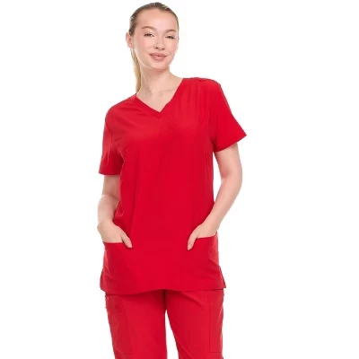 Женский топ-скраб HEAL+WEAR с V–образным вырезом и 4-полосной эластичностью-Мягкая эластичная рубашка для медсестер классического покроя с 2 карманами красного цвета