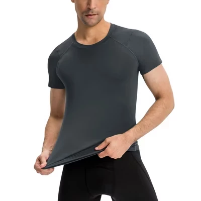 Мужской компрессионный топ с коротким рукавом из влагоотводящей эластичной ткани для выступлений и тренировок серого цвета