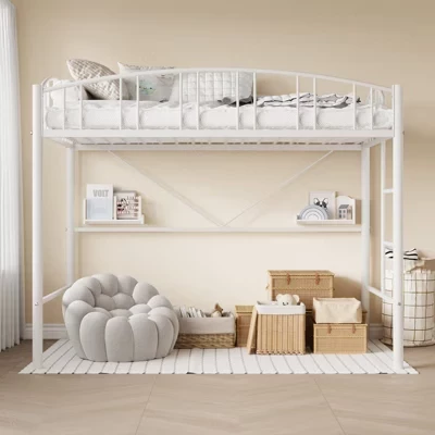 Space-Saving Loft Bed Frame for Bedroom Furniture - Heavy-Duty Metal Construction - Sturdy Steel Slats - Modern Design for Kids, Teens, and Adults white