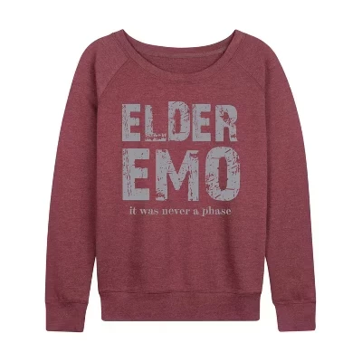 Женская рубашка Elder Emo Never A Phase из легкого французского махрового материала с широким вырезом и длинными рукавами в графическом стиле heather maroon