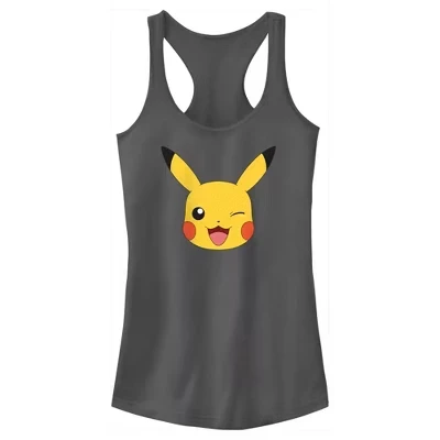 Юниорская женская майка с Пикачу и подмигивающим лицом Racerback Tank Top цвета древесного угля