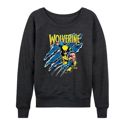 Women's -  - Wolverine Slash Lightweight French Terry Wide Neck Long Sleeve Graphic Shirt heather charcoal