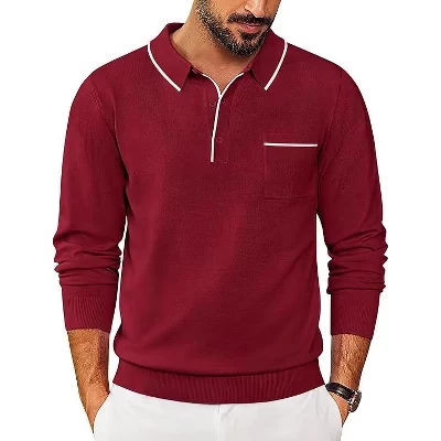Mens Knit Polo Long Sleeve Collared Sweater Polo Business Casual Polos with Pocket red