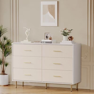 Modern 6-Drawer Dresser with Gold Metal Legs | Large Wooden Storage Chest for Bedroom, Living Room & Entryway,White white