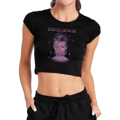 Women's Davie Bowie Ziggy Stardust Starburst Cap Sleeve Baby Rib Crop Top black