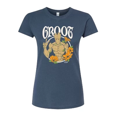 Женская футболка с приталенным рисунком Guardians of the Galaxy Groot Peace Flowers цвета индиго